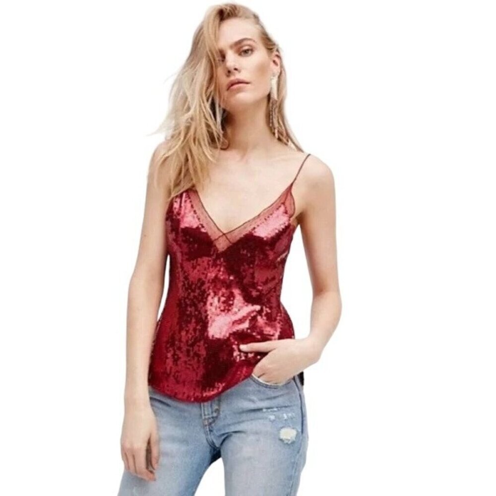 Free People Sassy Red Sequin Cami Tank Top